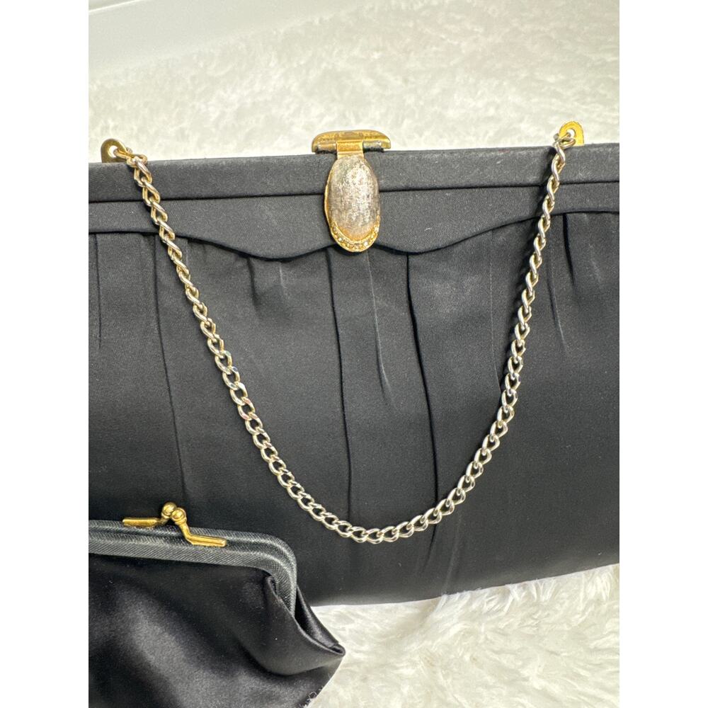 1950s After Five Black Satin Evening Clutch Rhinestone Clasp Coin Purse USA - Picture 6 of 12